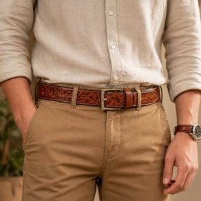 Unisex Genuine Leather Tooled Belt Vintage Floral Western Leather Belt