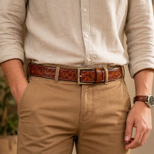 Unisex Genuine Leather Belt Vintage Embossed Design with Antique Buckle Casual & Formal Waist Belt