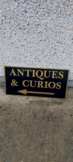 Antiques & Curios,hard plastic sign perspex. ,unusual and lovely colours,,32 inches length, 16 inches height,,buyer collects, see pictures for condition, used condition few marks nicks