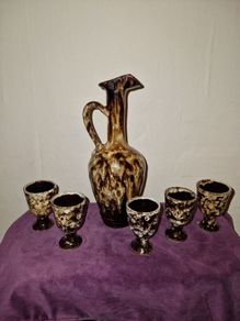 1950's French glazed ceramic wine jug and goblets