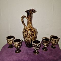 1950's French glazed ceramic wine jug and goblets