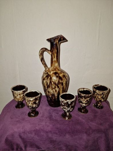 1950's French glazed ceramic wine jug and goblets