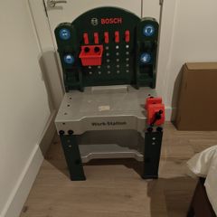 kids workbench, tools and hard hat