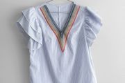 Pre Owned Blue &amp; White Striped Embroidered V-Neck Top with Ruffle Sleeves