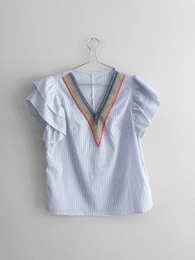 Pre Owned Blue & White Striped Embroidered V-Neck Top with Ruffle Sleeves