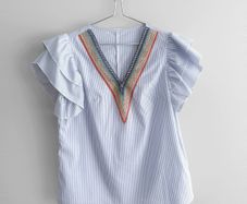 Pre Owned Blue & White Striped Embroidered V-Neck Top with Ruffle Sleeves