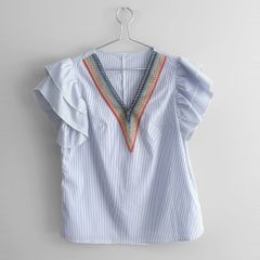 Pre Owned Blue & White Striped Embroidered V-Neck Top with Ruffle Sleeves