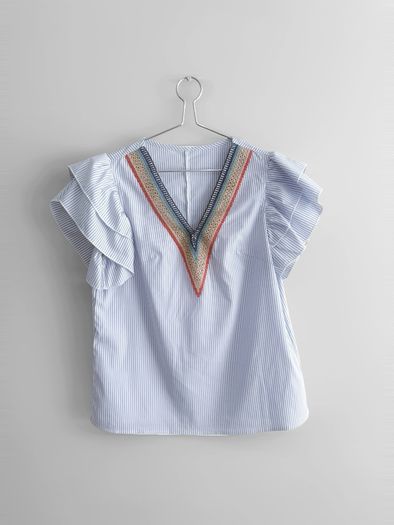 Pre Owned Blue & White Striped Embroidered V-Neck Top with Ruffle Sleeves