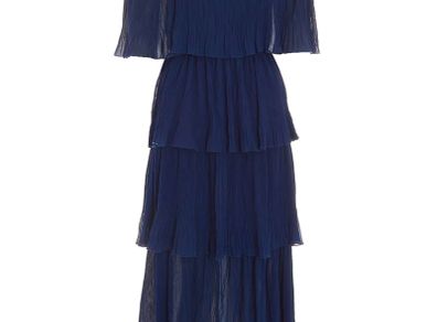 NEW QUIZ Navy Chiffon Bardot Pleated Tiered Midi Dress  Size 10
