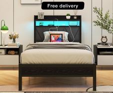 Single Bed Frame with LED Lights Storage Upholstered Headboard and Charging Station
