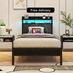 Single Bed Frame with LED Lights Storage Upholstered Headboard and Charging Station