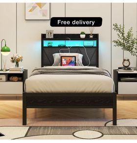 Single Bed Frame with LED Lights Storage Upholstered Headboard and Charging Station