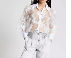 RIVER ISLAND white daisy print sheer blouse Sz 16UK - Bnwt Rrp 40 sterling