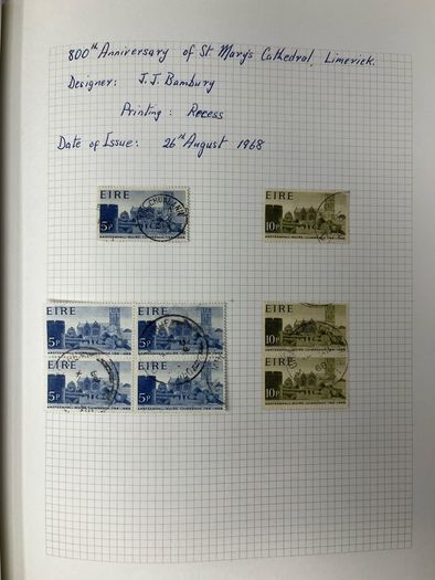 1965-74 Ireland used written up on spring back pages including some varieties/ errors in spring back album. Includes loads of spare pages. Note 66 rising set and MacCurtain & MacSweeney sets.
