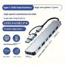 7-in-1 USB-C Hub with USB 3.0 Ports, Dual Type-C & 5 USB-A Connectors, Ultra Slim Portable Data Hub for Laptop, Aluminum Alloy, Compatible with PS4, Flash