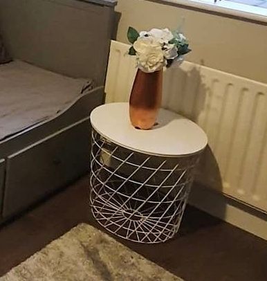 White Tall Mirror, Wire Side Table, Wire Shelves, Grey Fabric Bench, 6 White Framed Prints