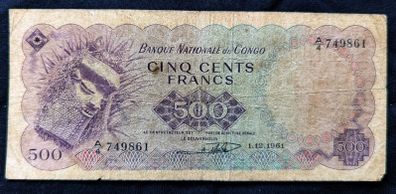 CONGO (Democratic Republic) - 500 Francs 1962 Banknote Note - P 7a P7a (VG) RARE
