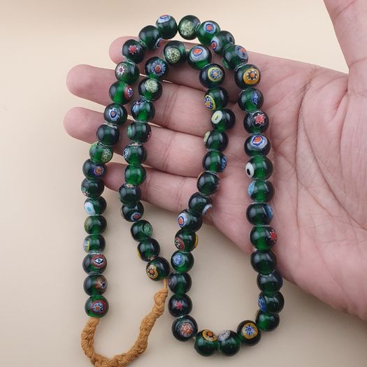 Vintage African Eyes Green Glass Beads Necklace 22 inches