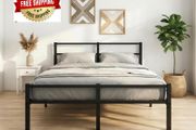 4ft6 Double Bed Frame with Headboard, Metal Slats Support Platform Bed Frames Double Bed with Storage Under Bed, Enhanced Support Stable Easy Assembly, Noise Free, No Box Spring Needed, Black