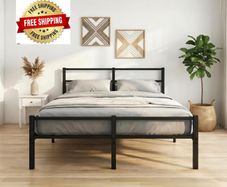 4ft6 Double Bed Frame with Headboard, Metal Slats Support Platform Bed Frames Double Bed with Storage Under Bed, Enhanced Support Stable Easy Assembly, Noise Free, No Box Spring Needed, Black
