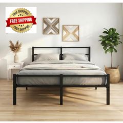 4ft6 Double Bed Frame with Headboard, Metal Slats Support Platform Bed Frames Double Bed with Storage Under Bed, Enhanced Support Stable Easy Assembly, Noise Free, No Box Spring Needed, Black