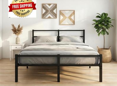 4ft6 Double Bed Frame with Headboard, Metal Slats Support Platform Bed Frames Double Bed with Storage Under Bed, Enhanced Support Stable Easy Assembly, Noise Free, No Box Spring Needed, Black
