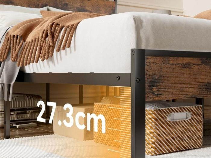 4ft6 Double Bed Frame with Storage Wooden Headboard | LED Light & Charging Station, Platform Metal Bed Frame Double with Underbed Storage
