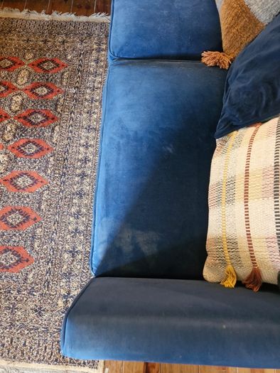 L shaped sofa/couch, blue velvet.