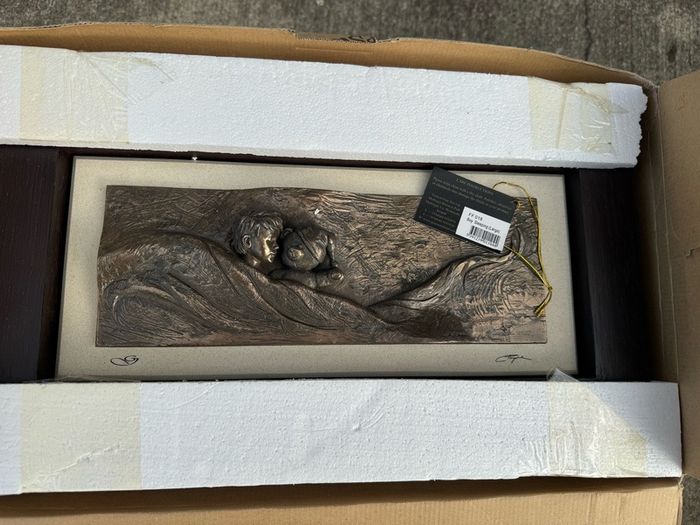 Genesis Fine Arts Framed High-Relief Bronze Plaque - Sleeping Baby with Teddy Bear
