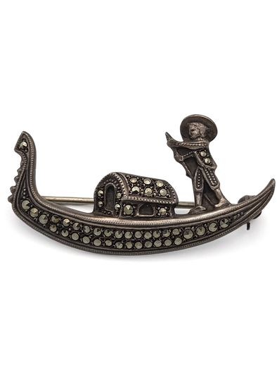 Vintage 925 Sterling Silver & Marcasite Gondola Brooch