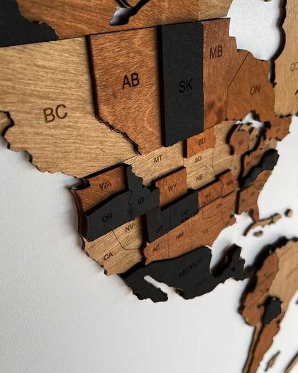 3D Classic Wooden World Map with Country Borders Country Names Capital Names US and Canada Borders and Names 3D Map Effect