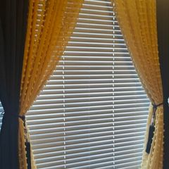 Set of 8 Mustard Pom Pom Voile Eyelet Curtains