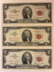 3 Two Dollar Bills - Red Seals