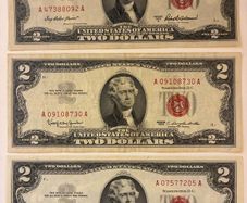 3 Two Dollar Bills - Red Seals