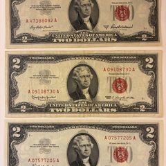 3 Two Dollar Bills - Red Seals