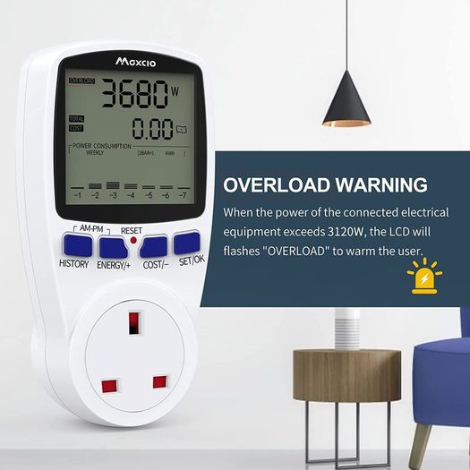 Dual Tariffs Electricity Usage Monitor Power Meter Energy UK Plug with Backlight, Maxcio Upgrade Watt Meter Power Consumption Analyzer, Voltage Amps Wattage KWH Energy Saving Meter Outlet Socket 2P