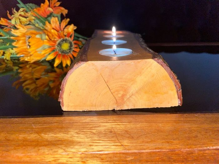 Stunning Rustic Live Edge Pine Wood Tea Light Holder Yule Log Waxed and Sealed