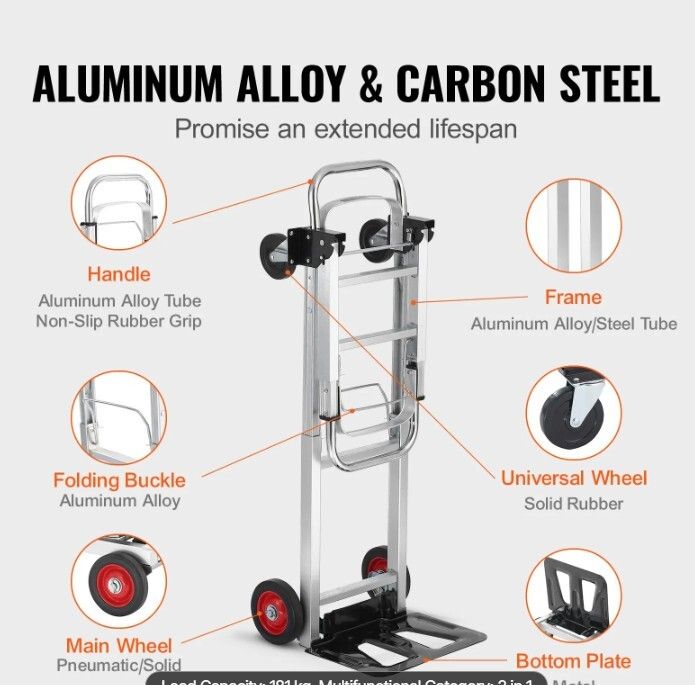 Aluminum Hand Truck 2 in 1 Heavy Duty Folding Dolly Cart 181kg Capacity