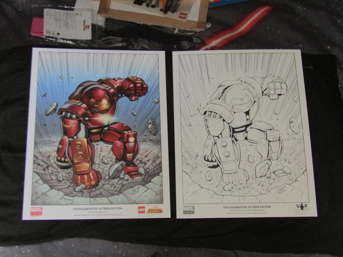 Lego VIP Hulkbuster Ultron Edition Art Prints Artwork By Ron Lim For Lego Marvel Super Heroes Iron Man Hulkbuster Ultron Edition Prints Color And VIP Black And White Variants Rare And Hard To Find BOTH BLACK AND WHITE AND COLOR LIMITED EDITION SET Rare An