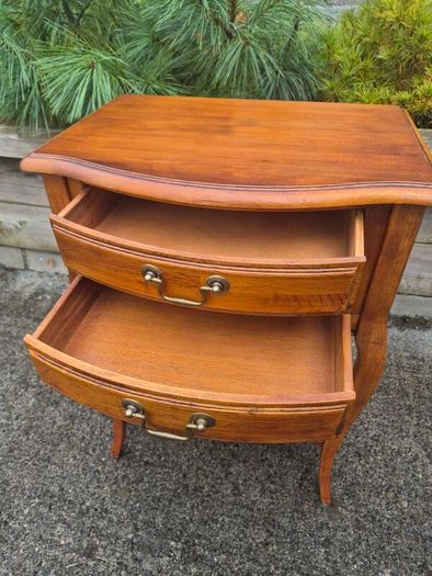 vintage French Provincial or Louis XV-style wooden bedside table/side chest featuring two drawers, cabriole legs, and a lower open shelf