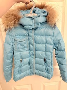 Authentic Moncler Kids Light Blue Down Jacket with Fur Hood - Size 6Y