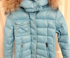 Authentic Moncler Kids Light Blue Down Jacket with Fur Hood - Size 6Y