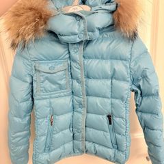 Authentic Moncler Kids Light Blue Down Jacket with Fur Hood - Size 6Y