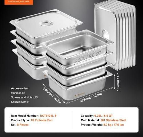 8 Pack Hotel Pans, 1/2 Size Anti-Jam Steam Pan with Lid, 0.8mm Thick Stainless Steel Steam Table Pan, 4-Inch Deep Commercial Table Pan, Catering Storage Food Pan, for Industrial & Scientific