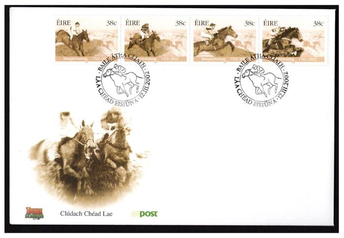2002 Ireland 250th Anniversary of Irish Steeplechasers Se-tenant Commemorative Stamps featuring Arkle, L'Escargo, Dawn Run & Istabraq An post First Day Cover (FDC)