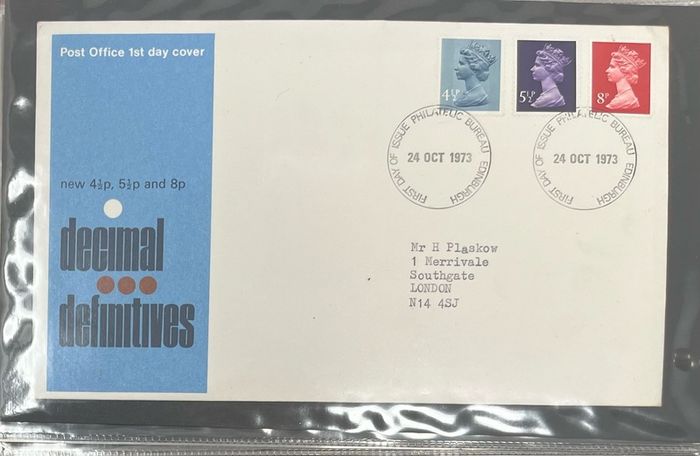 Collection of 38 Stamp First Day Covers, 1872-75 housed in Royal Mail small album with good range and including definitive values plus regionals. 38 images of contents