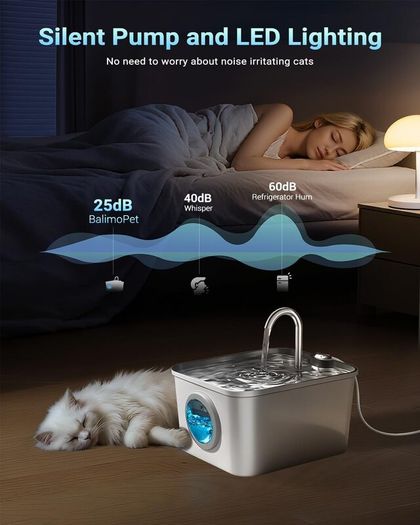 Cat Water Fountain for Drinking: 2.6L Stainless Steel Cat Water Fountain, Multiple Filtration Pet Water Fountain, Built-In Led, Ultra Silent with 6 Sponges and 6 Filter