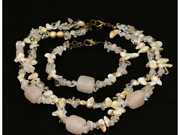 Vintage Two Strand Natural Rose Quartz Necklace & Bracelet