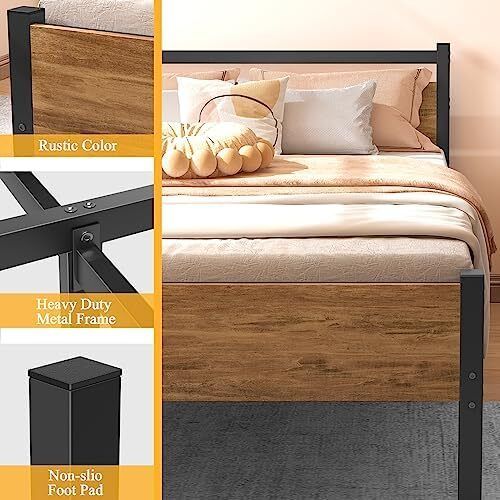 Single Bed Frames with Wood Headboard 31.5cm Metal Platform Bed Frame with Storage Sturdy Non-Slip Without Noise No Box Spring Needed Black & Rustic Brown