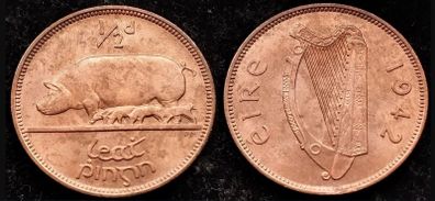 [#2150] - Ireland 1942 | Irish 1/2d | Irish Half Penny | Sow | KM.10 | UNC